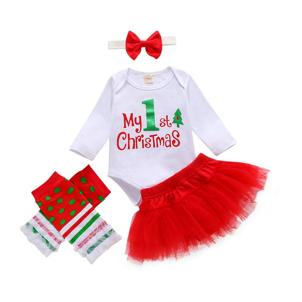 4PCS Newborn Baby Infant Girls Christmas Romper Headband Tutu Dress Outfit 0-12M